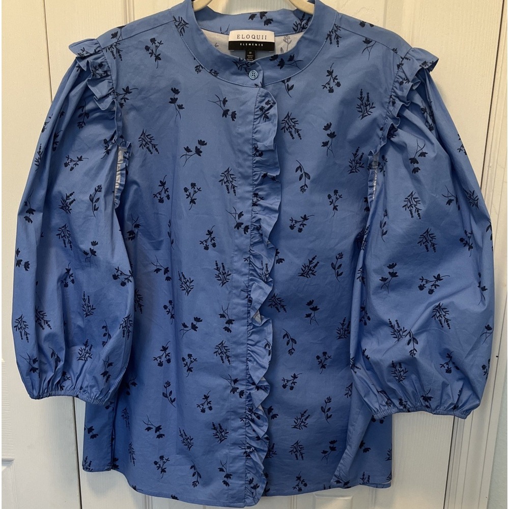 Eloquii Elements Women Blue Floral Puff Sleeve Ruffle Blouse Size 18
